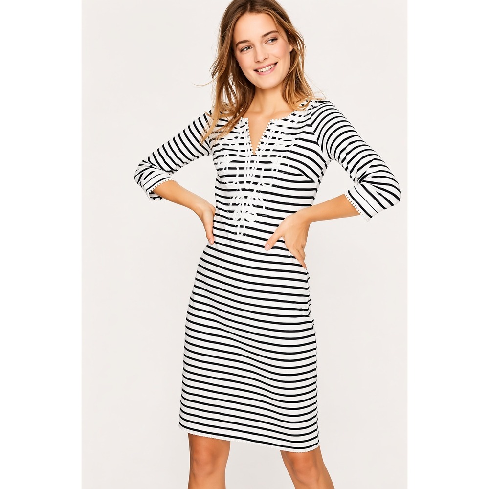 Boden Navy White Striped Cotton Soutache Embroidery Tunic Dress 3/4 Sleeve J0117